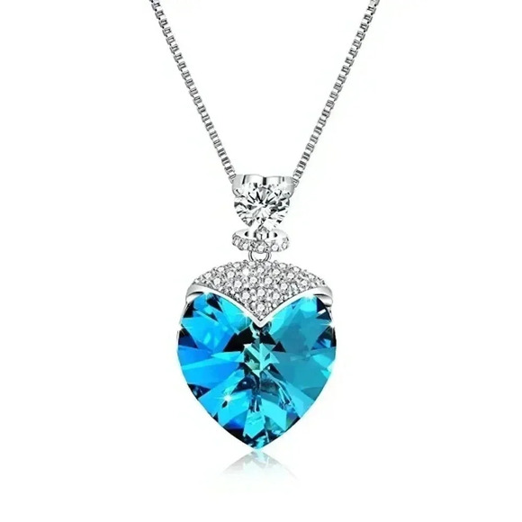 None Jewelry - Blue Heart Crystal Pendant Necklace Silver Tone Statement